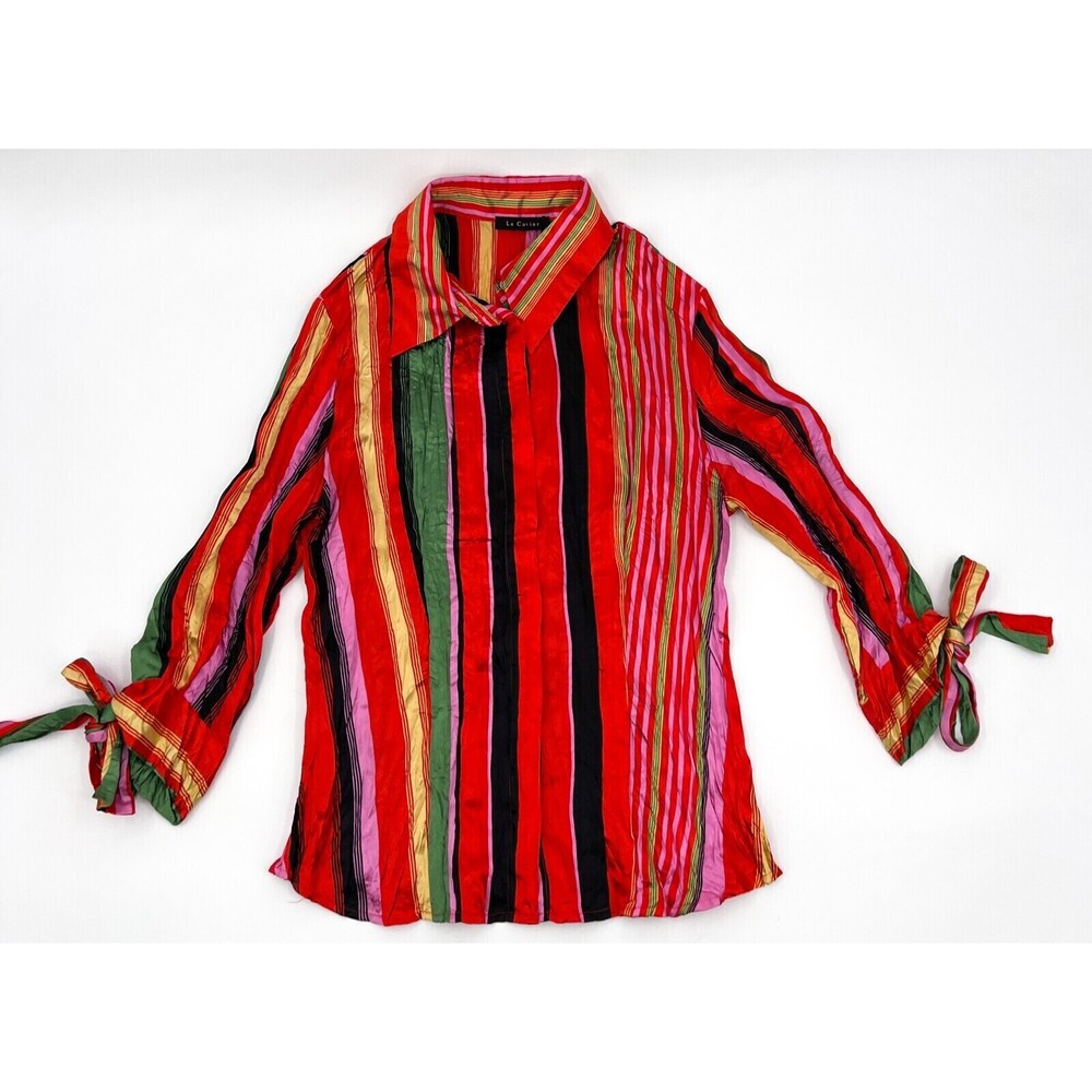 VINTAGE Le Caviar Shirt Womens medium Striped Colorful Button UP Tie Sleeve